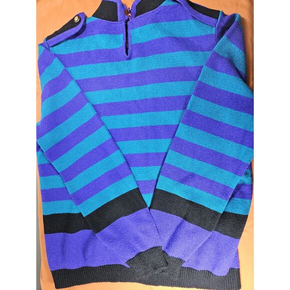 VINTAGE 80s VIVANTI Sweater Size 8 Purple And Blue Stripped Black - Picture 1 of 10